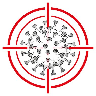 Corona virüsü üzerine hedefler çizilmiş karikatür mikroorganizma, Covid-19, H1n1, dezenfeksiyon, sterilizasyon ya da sterilizasyon. Eğitim ve kurumsal materyal için ideal