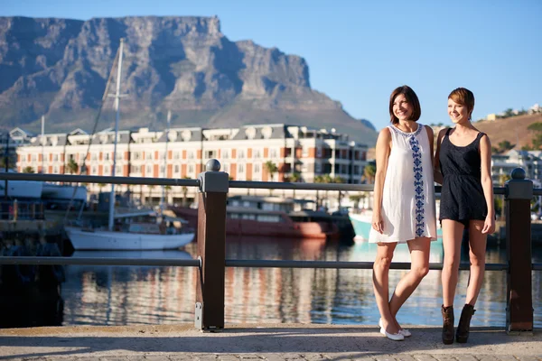 Two beautiful happy girls smiling in front of table mountain — Stock Photo, Image