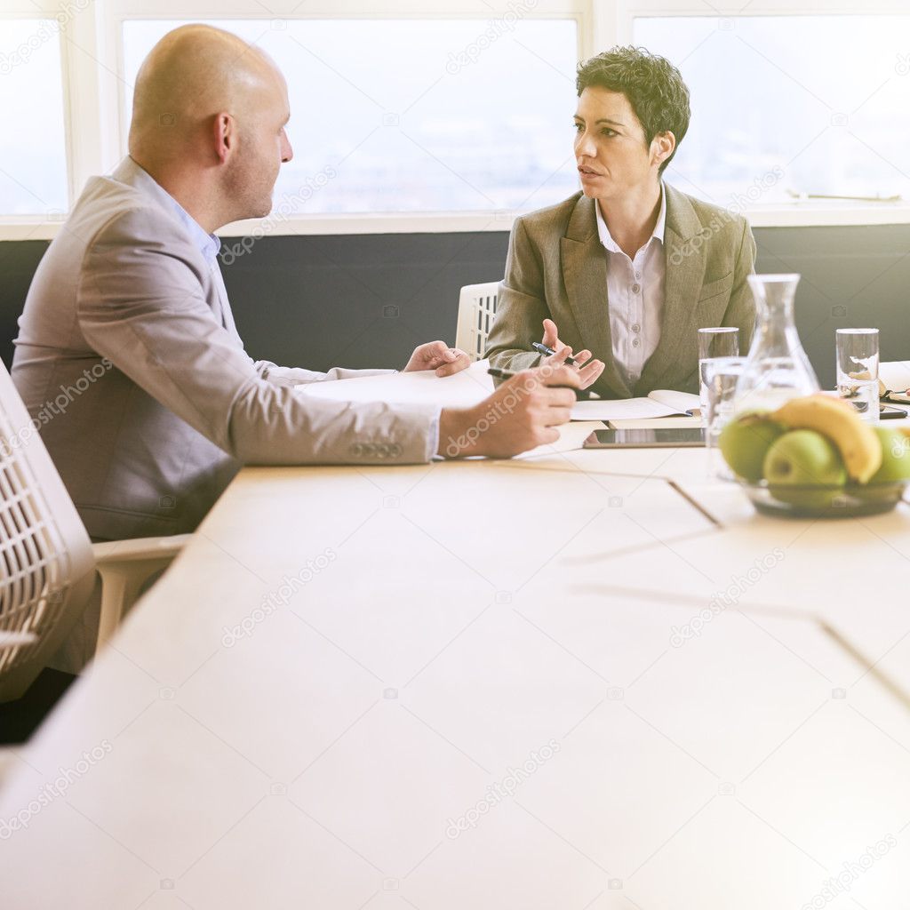 Professional meeting between business man and woman at conference table