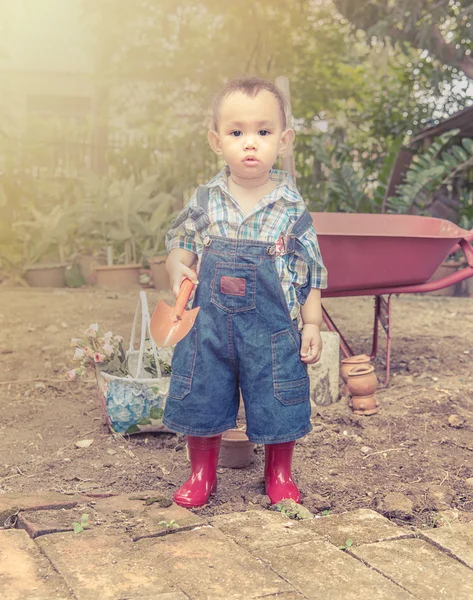 Baby gardener. Asian baby boy handle garden spoon , light and vintage color effect — Stock Photo, Image