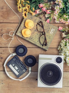 ahşap tahta üzerinde retro nesnesinin Üstten Görünüm