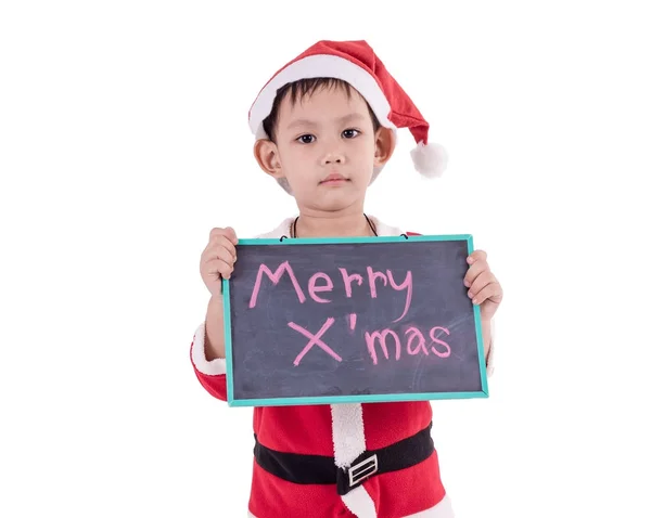 Asijské dítě oblékat se jako santa claus. V ruce držel černý — Stock fotografie