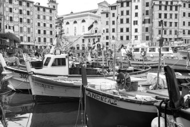 Camogli Balıkçılık Yat Limanı. Siyah ve beyaz fotoğraf