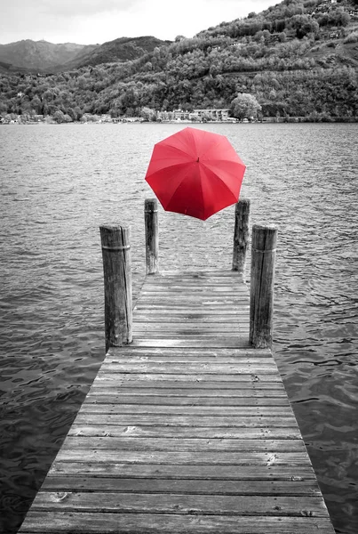 Ghost Red Umbrella Shores Lake Orta Piedmont Northern Italy Add — Stock Photo, Image