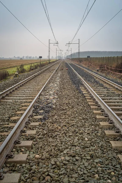 Perspectiva Ferrocarril Hacia Horizonte Región Rural Lomellina Entre Lombardía Piamonte — Foto de Stock