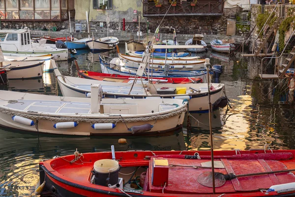 Vista Porto Pesca Camogli Com Alguns Barcos Pesca Atracados Espera — Fotografia de Stock