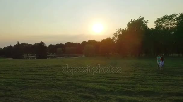 Young man and woman spin holding hands in meadow at sunset slow motion aerial. Happy boyfriend twirl girlfriend spinning around. Summer love togetherness joy romantic memories forever together concept — Stock Video