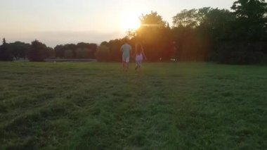 Aşık genç çift günbatımı hava ağır çekim için elele çayırda çalıştırın. Mutlu erkek ve kız arkadaşı dışarıda eğleniyor park çeşme için çalıştırın. Gençlik kadınlık mutluluk beraberlik kavramı