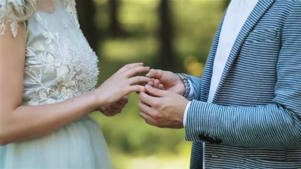 Colocar anel de casamento no dedo da noiva na natureza de perto. A ficar noivo. Mão masculina trocando anéis com a mão feminina no fundo verde iluminação natural mão direita detalhe — Vídeo de Stock