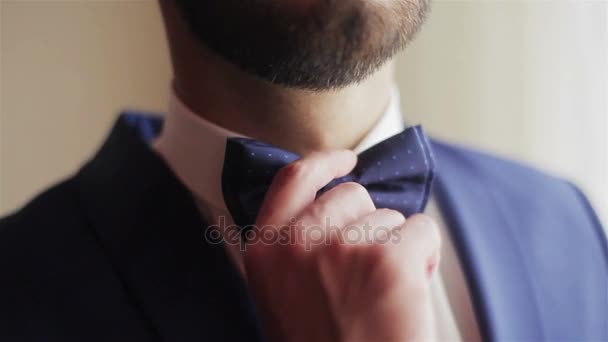 Mãos masculinas ajustando azul laço closeup 4k. Jovem bem vestido tocando coloca e ajusta tocando pontos funky laço gravata na camisa branca. Vestido homem endireita arco-gravata profundidade rasa de campo — Vídeo de Stock