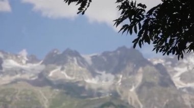 Alpleri Mont Blanc Dağı massif odak manzara ağaç Rüzgar. Yüksek yaz Alp ridge aralığı Courmayeur kasabadan Aosta Vadisi güneş gün içinde gördüm. Ünlü alpinist turist resort dağcılık