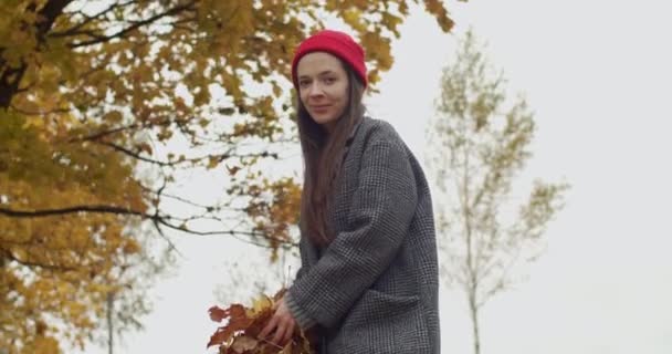 笑顔の少女のフロントビューの肖像画屋外のスローモーションカメラに黄色の葉の束を投げる 秋の公園で幸せな時間を過ごす魅力的な若い女性 幸せは女性の美しさの概念 — ストック動画