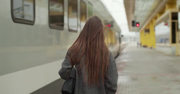 后视镜 长发姑娘在站台上准备上车慢动作 一个无法辨认的女人走在火车站的货车上 通勤交通旅行 — 图库视频影像
