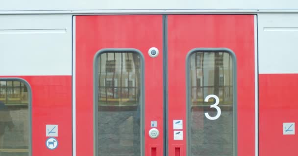 Mulher Atraente Chegando Estação Ferroviária Saindo Trem Luz Natural Câmera — Vídeo de Stock