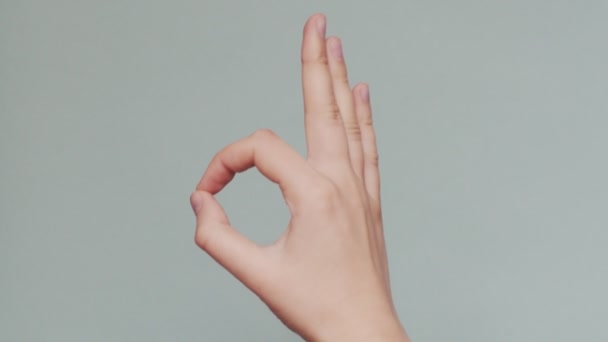 Natürliche Weibliche Hände Mit Zeichen Isoliert Auf Blauem Hintergrund Kopieren — Stockvideo