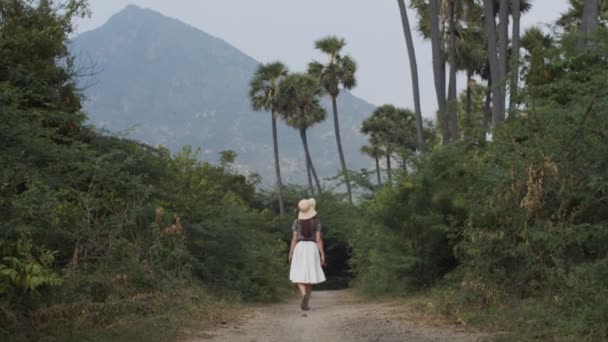 在风景秀丽的山地景观上散步的女性游客的倒影慢镜头 无法辨认的女人戴着宽边帽 享受着大自然的狂野 旅游度假环境 — 图库视频影像