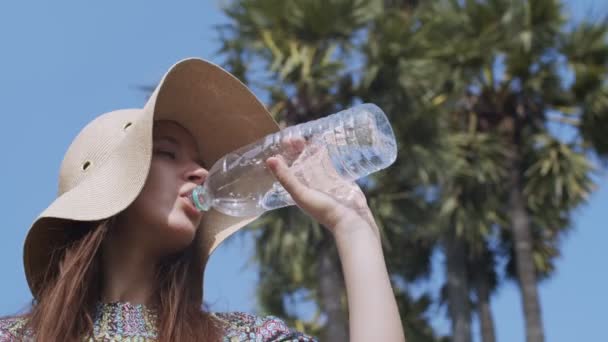 Visão Baixo Ângulo Mulher Natural Bebendo Água Pura Garrafa Plástico — Vídeo de Stock