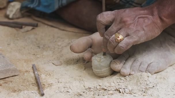 Faceless Indian Man Working Stones Making Statuettes Close Slow Motion — Stock Video