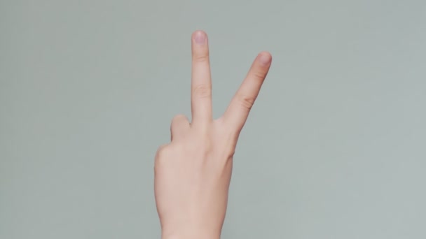 Macro vídeo de aumento da mão feminina gesticulando sinal de vitória dentro de casa isolado em fundo azul-cinza — Vídeo de Stock