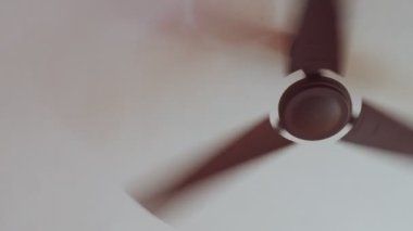 Beyaz arka planda yüksek hızda dönen tavan vantilatörünün alçak açılı görüntüsü. Elektrikli vantilatör, fotokopi odasının içinde dolaşıyor. Sıcak mevsim için soğutma ekipmanları