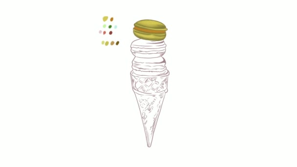 白い隔離された背景にワッフルカップの中の水彩アイスクリーム菓子のデジタルイラスト — ストック動画