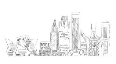 Beyaz izole arka plan üzerinde siluet şehirlerin siyah kontur çizim çizim çizim çizim.