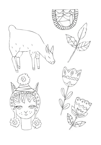 在孤立的白色背景上 花卉和植物之间动物羊驼的黑色墨水图的插图 — 图库照片