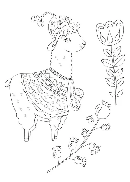 Ilustración Dibujo Tinta Negra Una Alpaca Animal Entre Flores Plantas — Foto de Stock