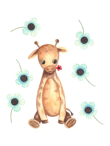 Ilustração Cor Aquarela Personagem Animal Girafa Sentado Entre Flores Fundo — Fotografia de Stock