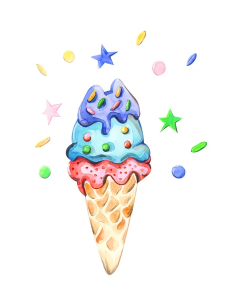 白い孤立した背景にワッフルカップに水彩アイスクリーム菓子で描かれたイラスト — ストック写真