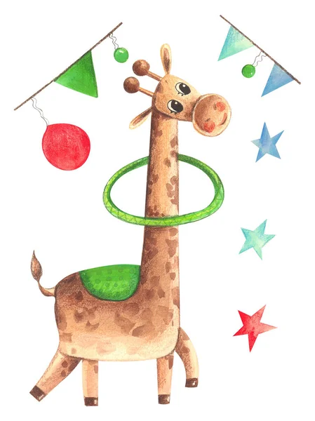 Illustration Une Girafe Caractère Animal Aquarelle Colorée Jongle Avec Des — Photo