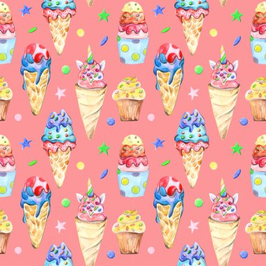 Suluboya şekerlemetarafından çizilen illüstrasyon dikişsiz desen: kek, kekler, arka planda macaroons.