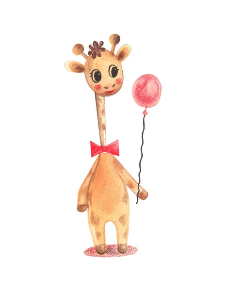 Ilustracja Kolorowe Akwarela Charakter Zwierząt Żyrafa Stoi Trzyma Balon Białym — Zdjęcie stockowe