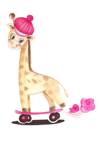 Ilustracja Kolor Akwarela Charakter Zwierzęcy Żyrafa Łyżwach Sportowych Białym Tle — Zdjęcie stockowe