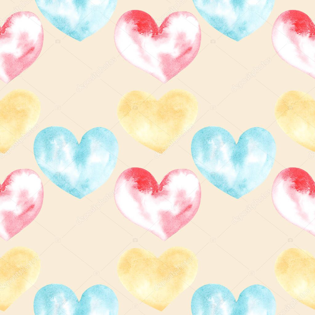 Illustration of a watercolor drawing seamless pattern of shapes of hearts on the background. Silhouettes of shapes of hearts on the background.