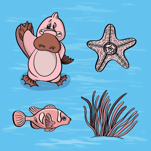 Vector Illustration Characters Sea Inhabitants Platypus Mollusks Algae Textured Background — Stock Vector