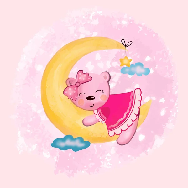 Vektorová Ilustrace Zvířecí Dívky Spící Půlměsíčku Obloze Mezi Mraky Růžových — Stockový vektor