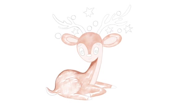 Digitální Ilustrace Zvířete Jelena Pod Akvarelem Bílém Izolovaném Novoročním Vánočním — Stock video