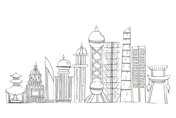 Ilustração Esboço Desenho Contorno Preto Cidades Skyline Fundo Isolado Branco — Fotografia de Stock