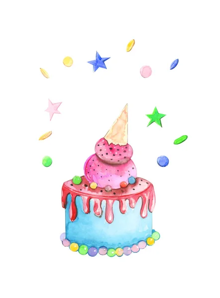 수채화 과자로 그림은 배경에 크림으로 장식된 색깔의 케이크이다 — 스톡 사진
