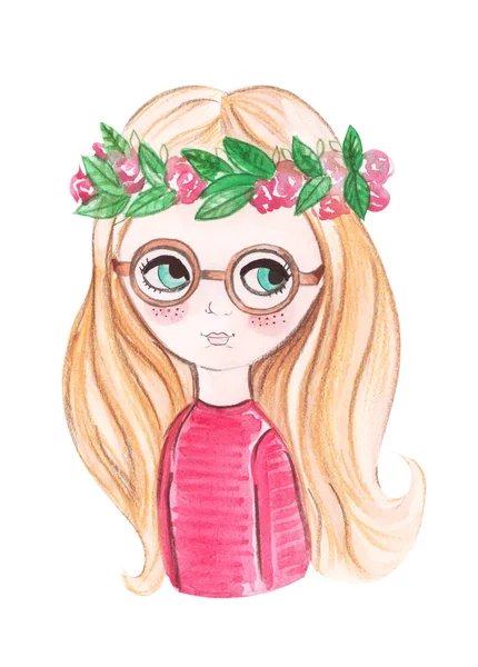 Illustration Watercolor Drawing Little Princess Red Clothes Wreath Her Head — Stock Photo, Image