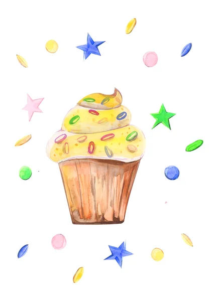 Illustratie Getekend Door Aquarel Gebak Cake Een Mand Met Room — Stockfoto