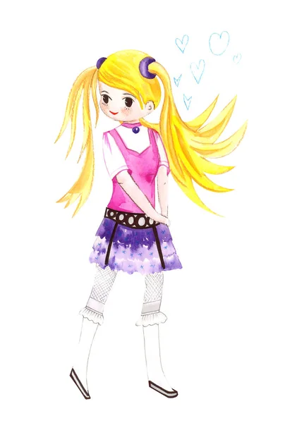 Ilustrace Barevného Výkresu Akvarel Manga Dívky Šatech Bílém Izolovaném Pozadí — Stock fotografie