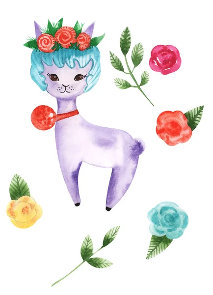 Ilustración Dibujo Acuarela Animal Alpaca Entre Flores Plantas Sobre Fondo — Foto de Stock