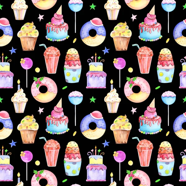 Illustration Seamless Pattern Drawn Watercolor Confectionery Cakes Muffins Macaroons Background — Stock Photo, Image