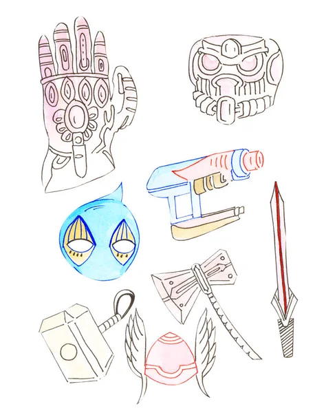 Illustration Color Drawing Watercolor Super Heroes Accessories Weapons White Isolated — Stock Photo, Image