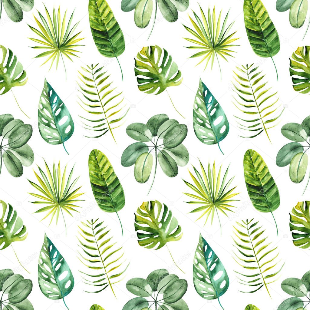 Illustration seamless pattern drawn by watercolor exotic tropical green leaves on background.