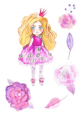 Resimde küçük bir prensesin muhteşem bir elbise giydiği ve kafasında bir şapka veya taç olan izole beyaz bir arka plan çizimi var.