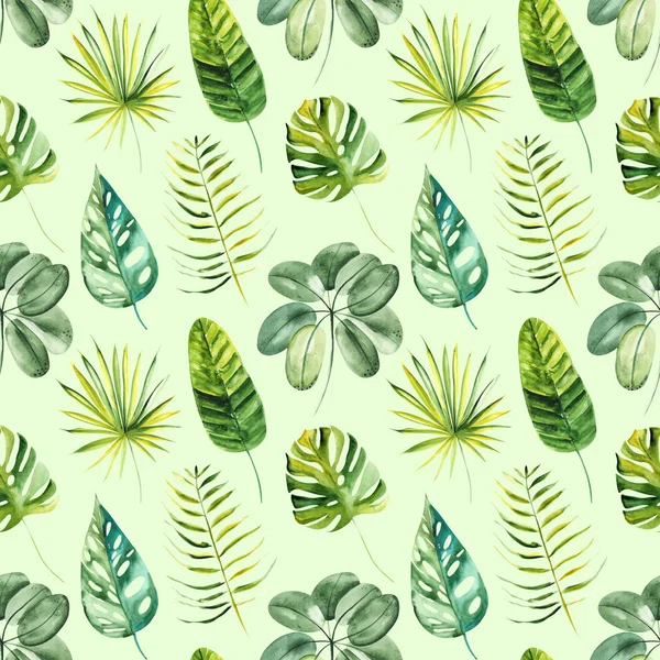 背景に水彩エキゾチックな熱帯緑の葉によって描かれたイラストシームレスなパターン — ストック写真