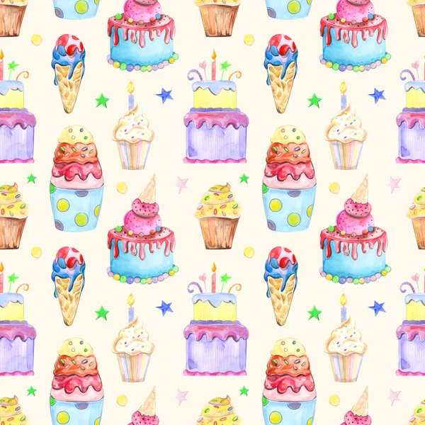 水彩菓子によって描かれたイラストのシームレスなパターン ケーキ 背景にマフィン — ストック写真